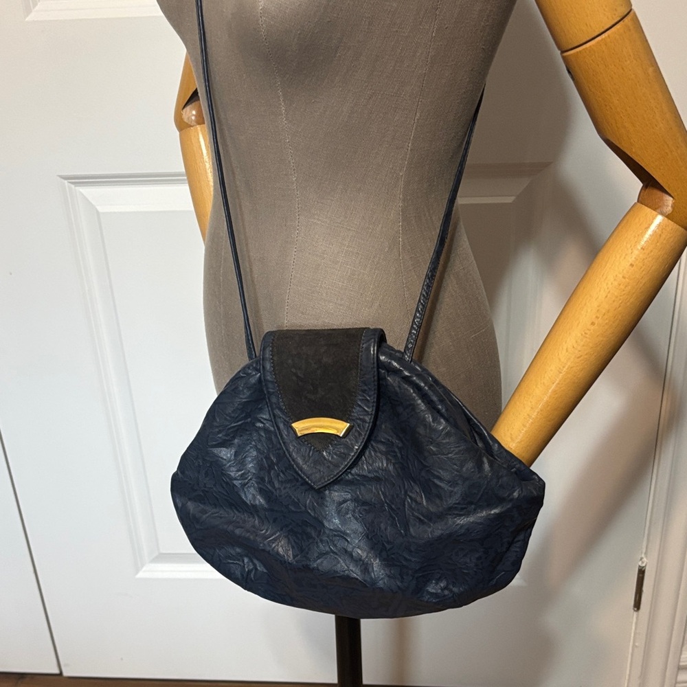 Vintage 1980’s Navy Crossbody with Gold Accent Detail Vegan Leather